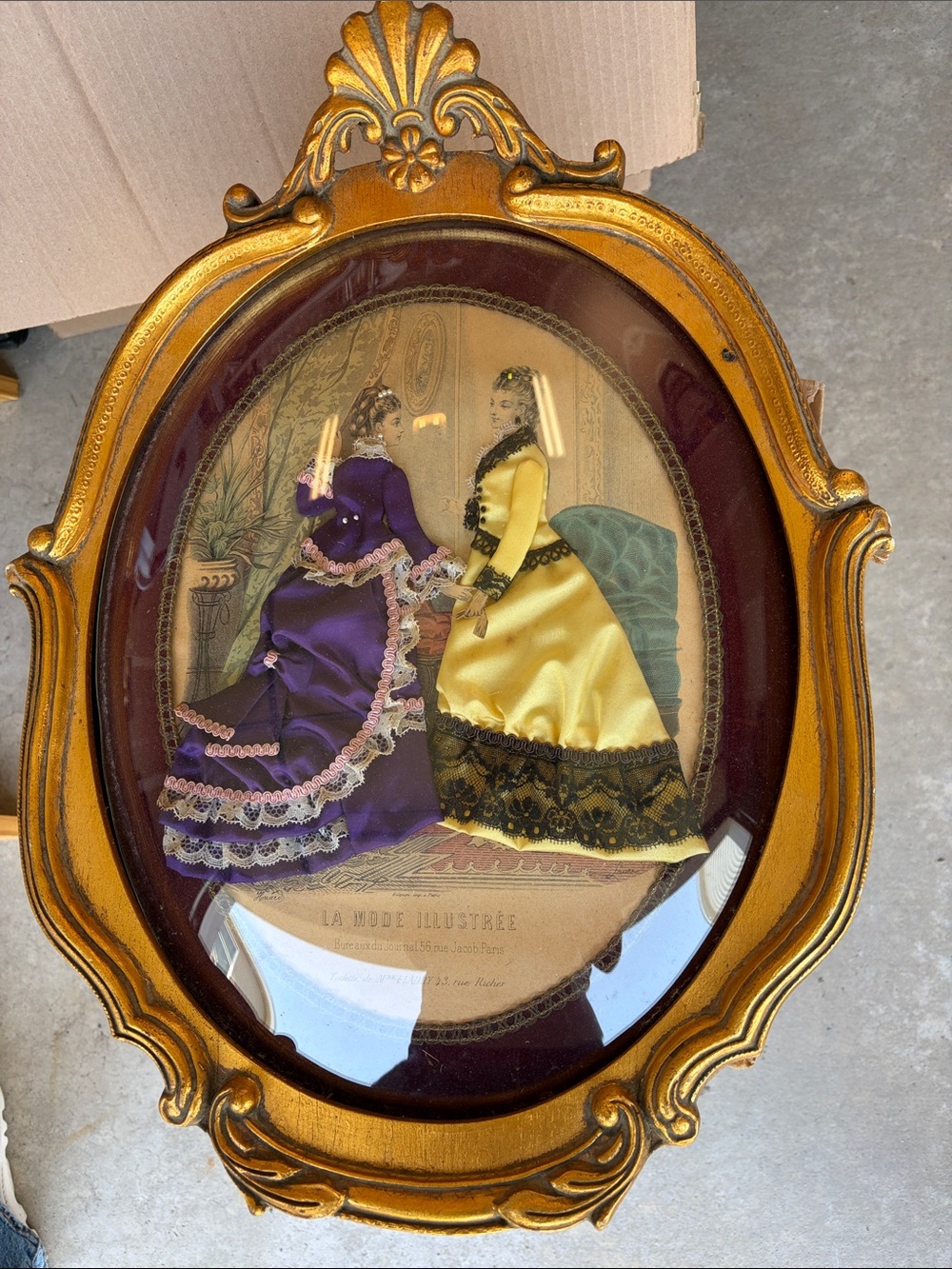 Framed Victorian Textile Art - Purple & Yellow Satin Dresses